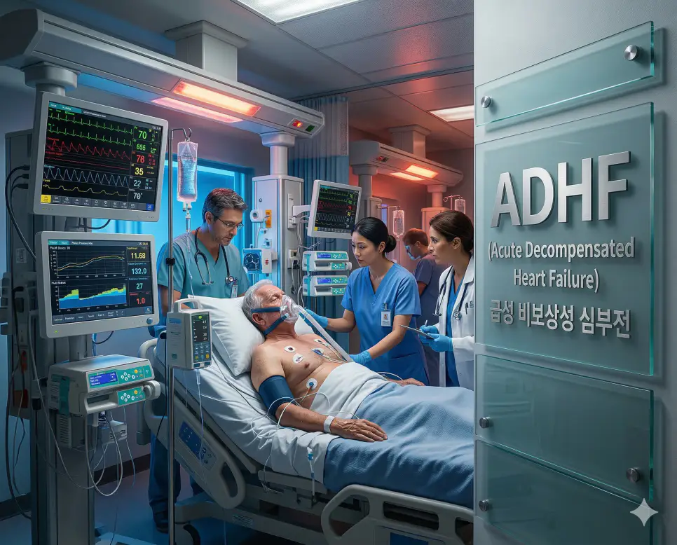의학용어 ADHF(급성 비보상성 심부전)의 의미와 심장 중환자실 모니터링 장면을 담은 사실적인 의료 이미지