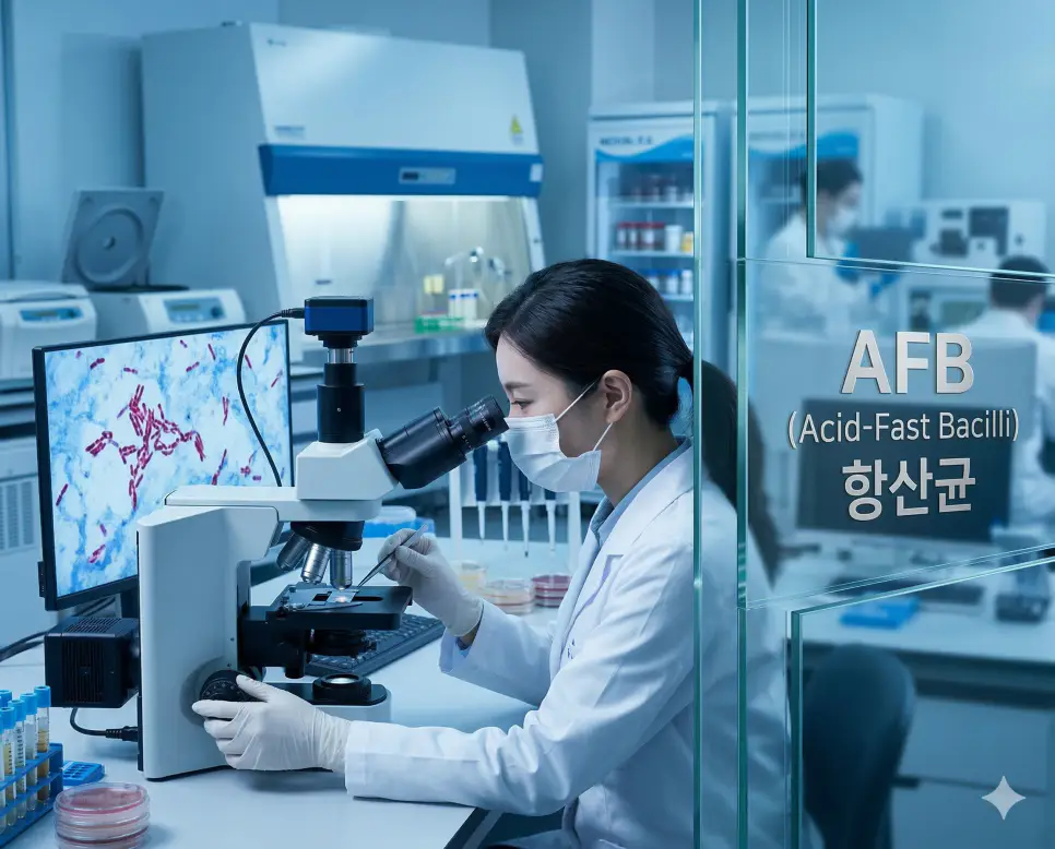 의학용어 A-Fib, AFB, AFIB 2 의학용어 AFB(항산균)의 뜻과 미생물 연구실에서 현미경으로 관찰하는 장면을 담은 사실적인 의료 이미지