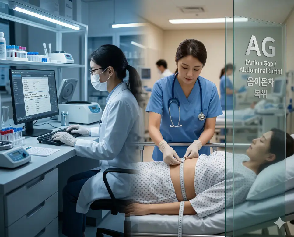 의학용어 AFP, AG, AICD 2 의학용어 AG(음이온차 및 복위)의 뜻과 혈액 분석 및 복부 둘레 측정 장면이 어우러진 사실적인 의료 이미지