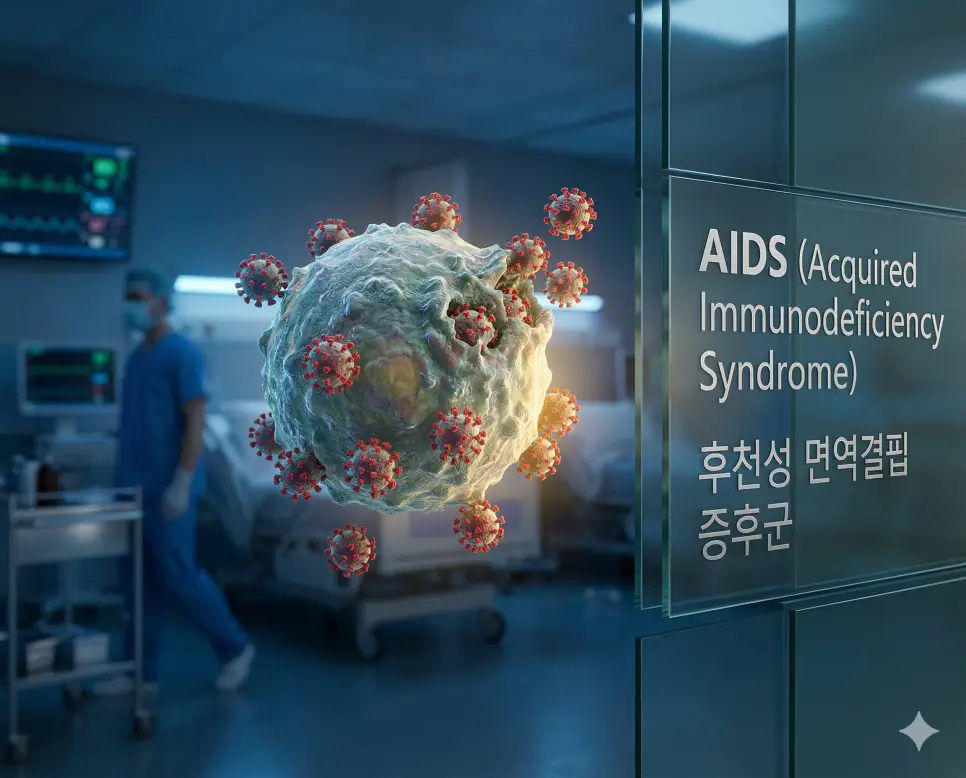 의학용어 AIDS, AJCC, AKI 1 의학용어 AIDS(후천성 면역결핍 증후군)의 뜻과 HIV 바이러스의 세포 공격 장면을 시각화한 전문적인 의료 이미지