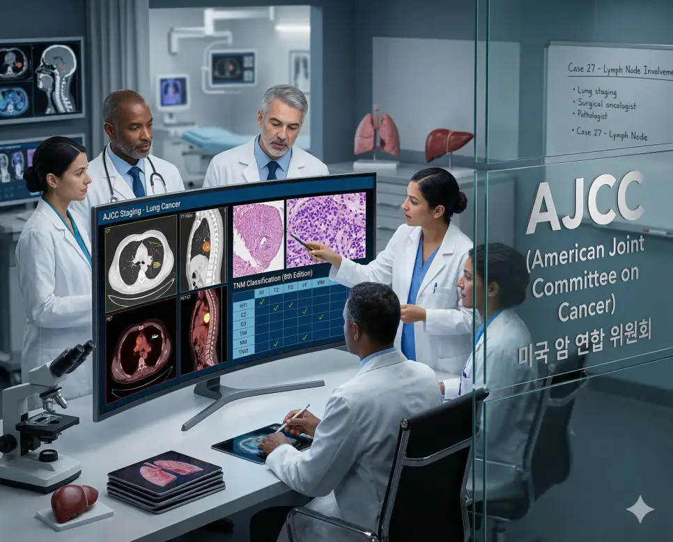 의학용어 AIDS, AJCC, AKI 2 의학용어 AJCC(미국 암 연합 위원회)의 뜻과 종양학 의료진이 TNM 병기를 논의하는 장면을 시각화한 전문적인 의료 이미지