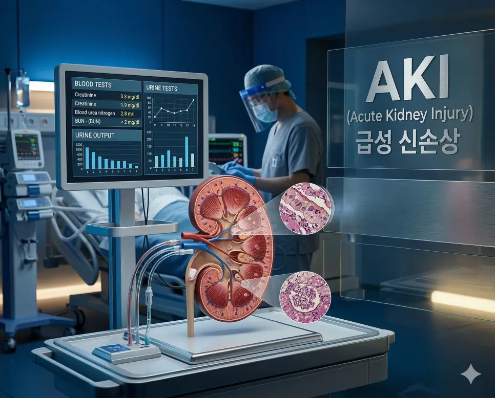 의학용어 AIDS, AJCC, AKI 3 의학용어 AKI(급성 신손상)의 뜻과 중환자실 모니터링 시스템을 보여주는 전문적인 의료 시각화 이미지