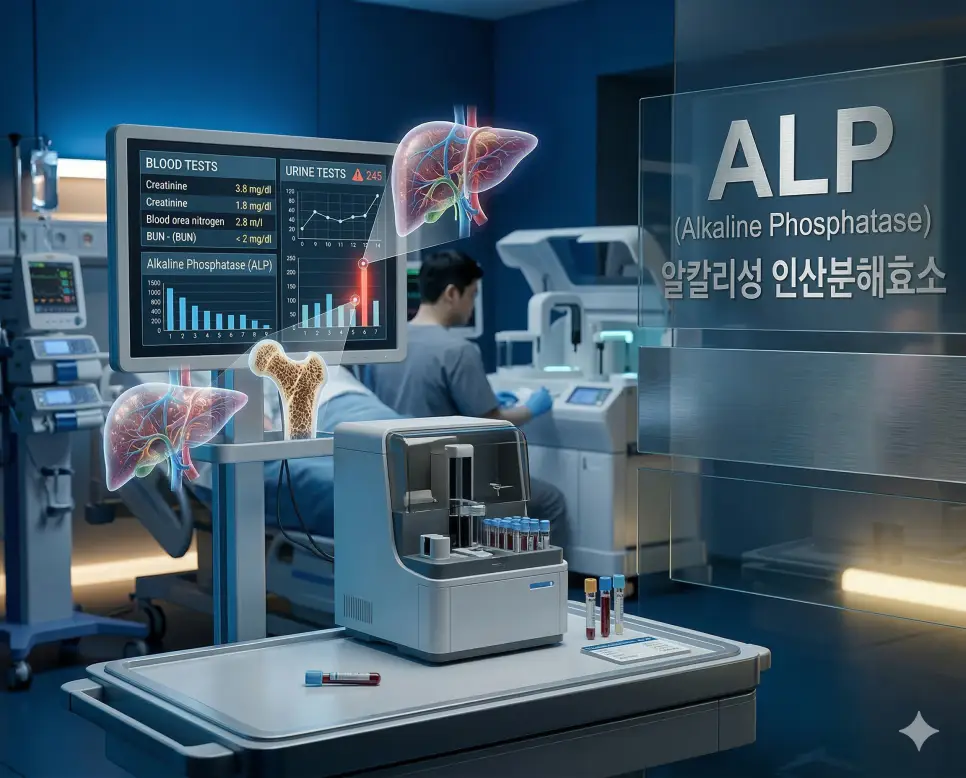 의학용어 ALL, ALOC, ALP 3 의학용어 ALP(알칼리성 인산분해효소)의 뜻과 간 및 담관 건강 상태를 나타내는 효소 수치를 분석하는 의료 시각화 이미지