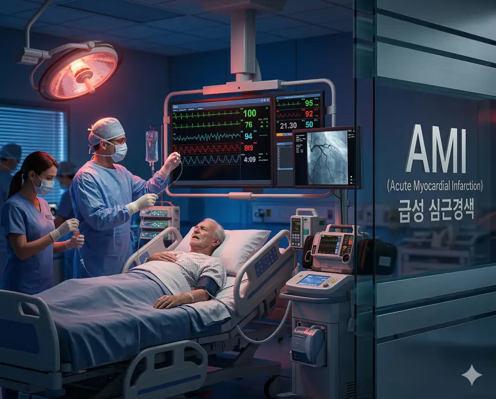 의학용어 ALT, AMA, AMI 3 의학용어 AMI(급성 심근경색)의 뜻과 응급 심장 중환자실 모니터링 장면을 담은 사실적인 의료 이미지