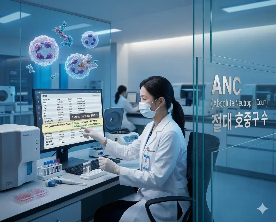 의학용어 ANC(절대 호중구 수)의 뜻과 혈액 검사 결과를 모니터링하여 면역 상태를 확인하는 장면을 담은 의료 이미지