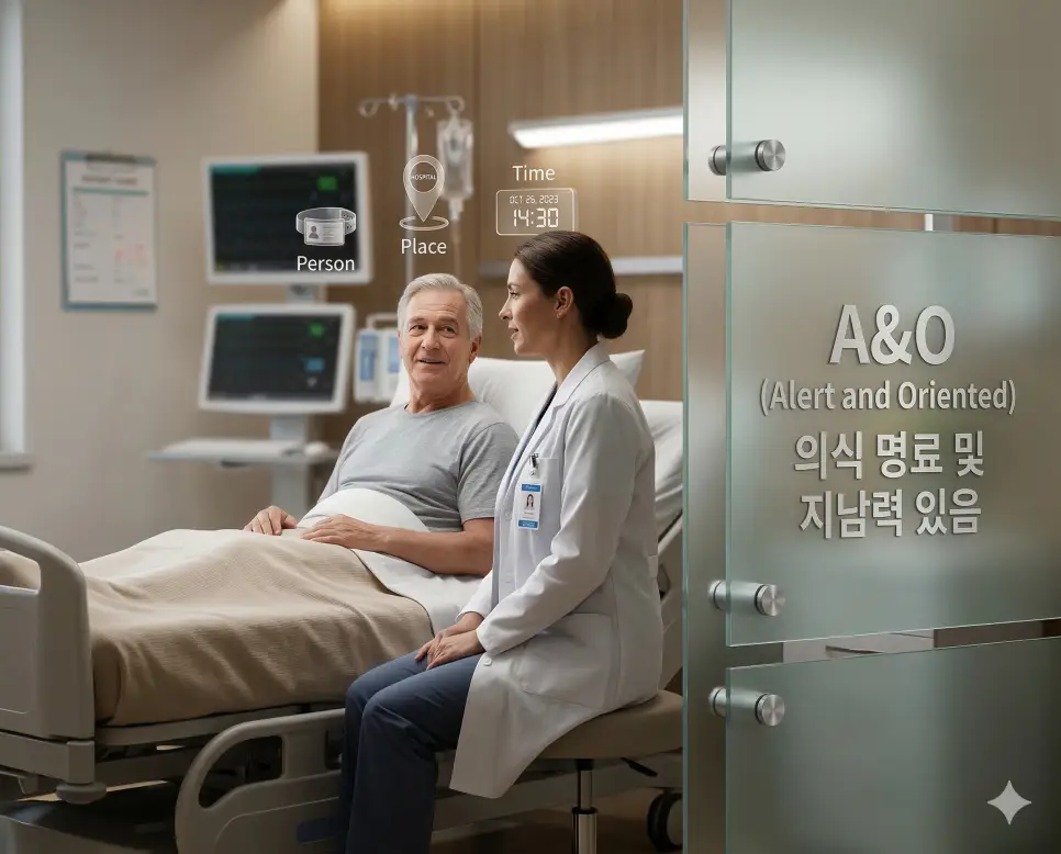 의학용어 A&O(의식 명료 및 지남력 있음)의 뜻과 의료진이 환자의 의식 상태를 확인하는 전문적인 시각화 이미지