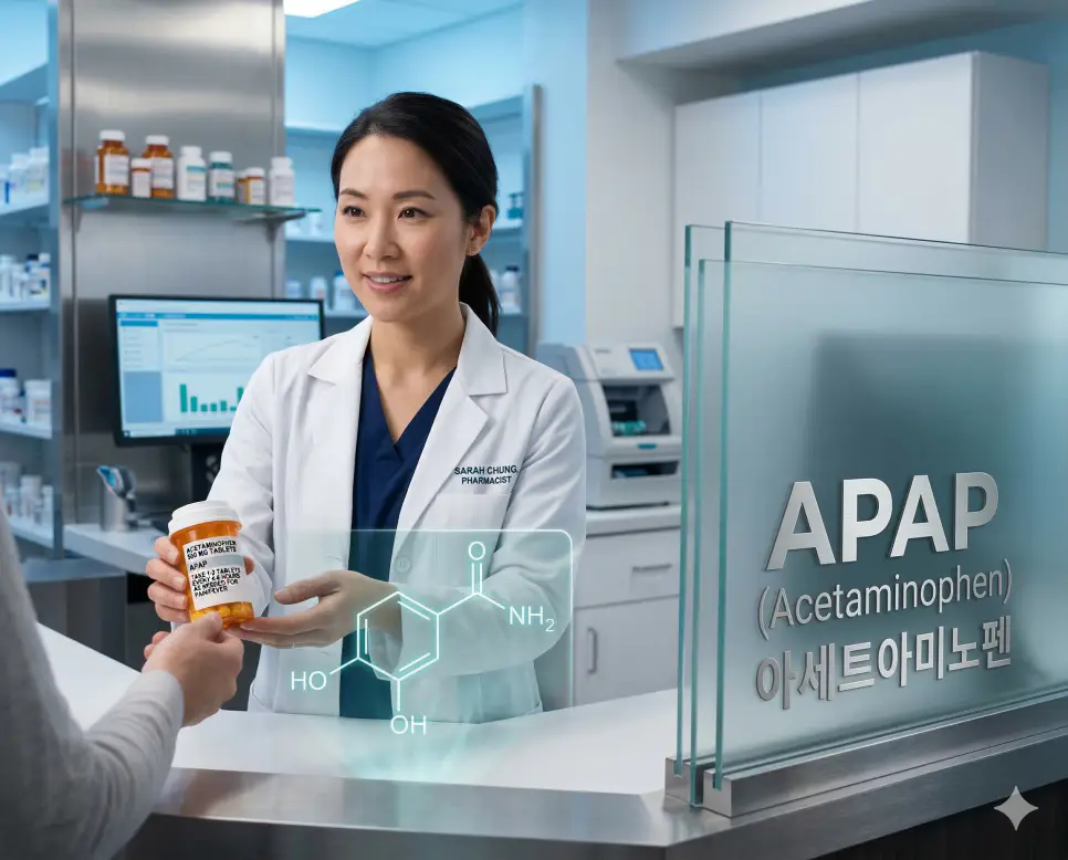 의학용어 AODM, AP, APAP 3 의학용어 APAP(아세트아미노펜)의 뜻과 약국에서 약을 조제하는 장면을 담은 사실적인 의료 이미지