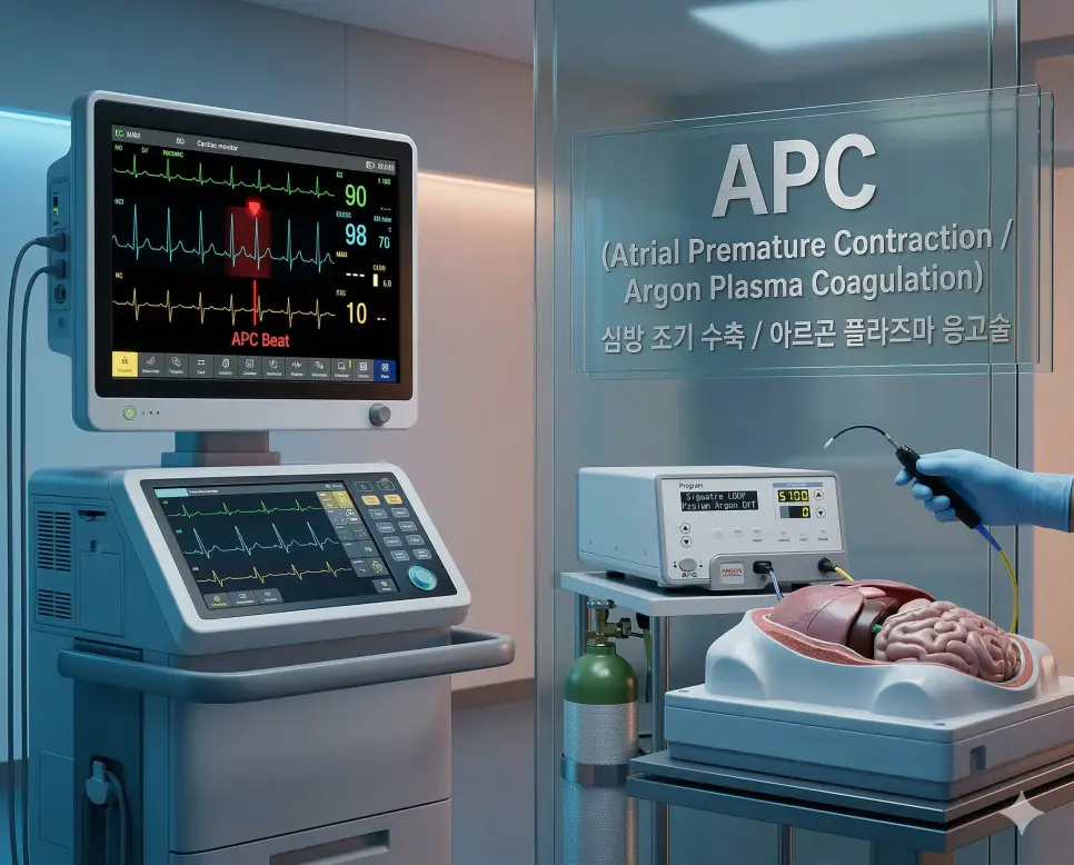 의학용어 APC(심방 조기 수축 및 아르곤 플라즈마 응고술)의 뜻과 심장 모니터링 및 전문 의료 장비 장면이 어우러진 전문적인 의료 이미지