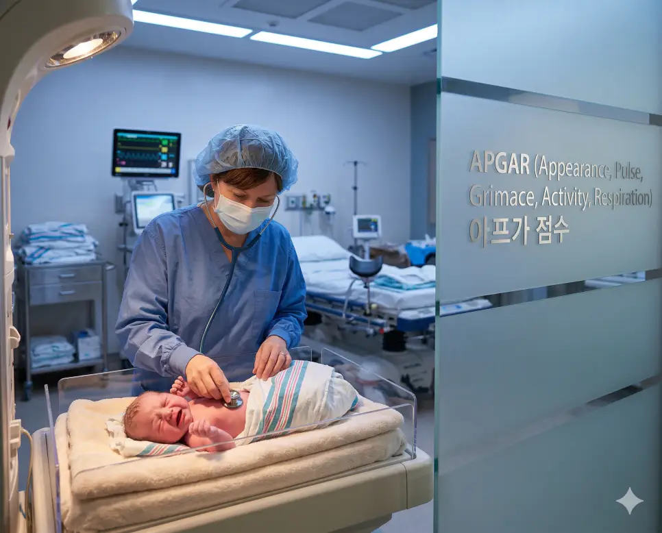의학용어 APGAR(아프가 점수)의 뜻과 신생아실에서 의료진이 아기를 검사하는 장면을 담은 의료 이미지