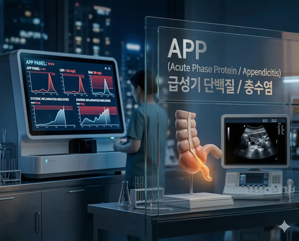 의학용어 APP(급성기 단백질 및 충수염)의 뜻과 실험실 데이터 분석 및 해부학 시각화 장면이 어우러진 전문적인 의료 시각화 이미지