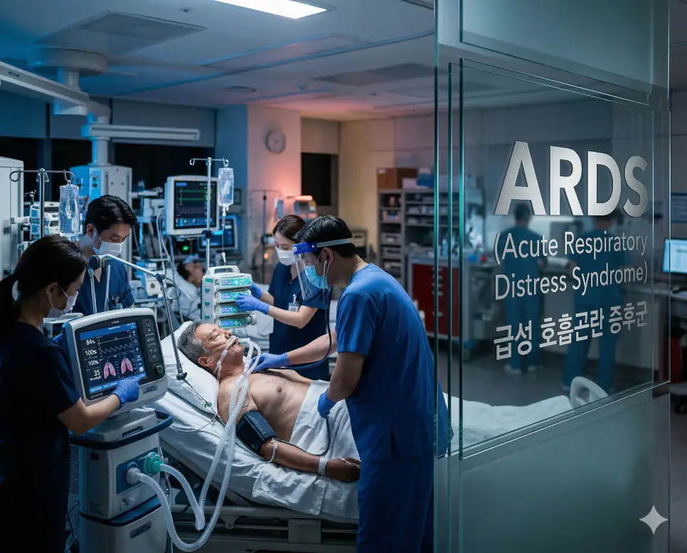 의학용어 ARDS(급성 호흡곤란 증후군)의 뜻과 중환자실에서 인공호흡기 치료를 받는 환자를 보여주는 긴박한 의료 이미지