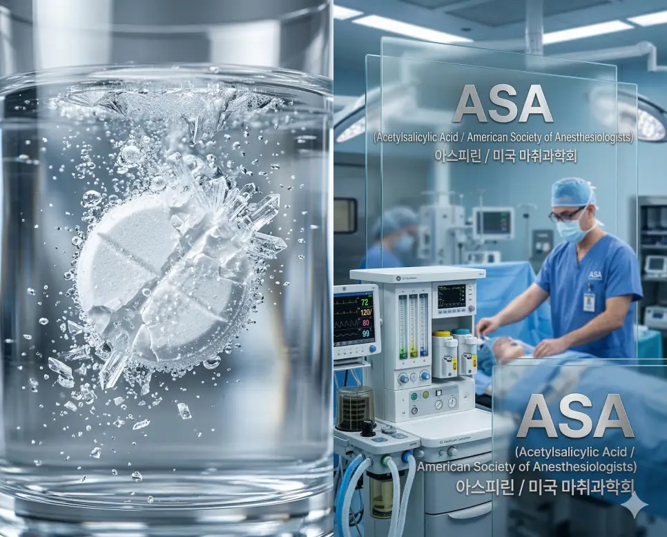 의학용어 ARF, ASA, ASD 2 의학용어 ASA의 의미인 아스피린 성분과 미국 마취과학회의 임상 환경을 보여주는 이미지