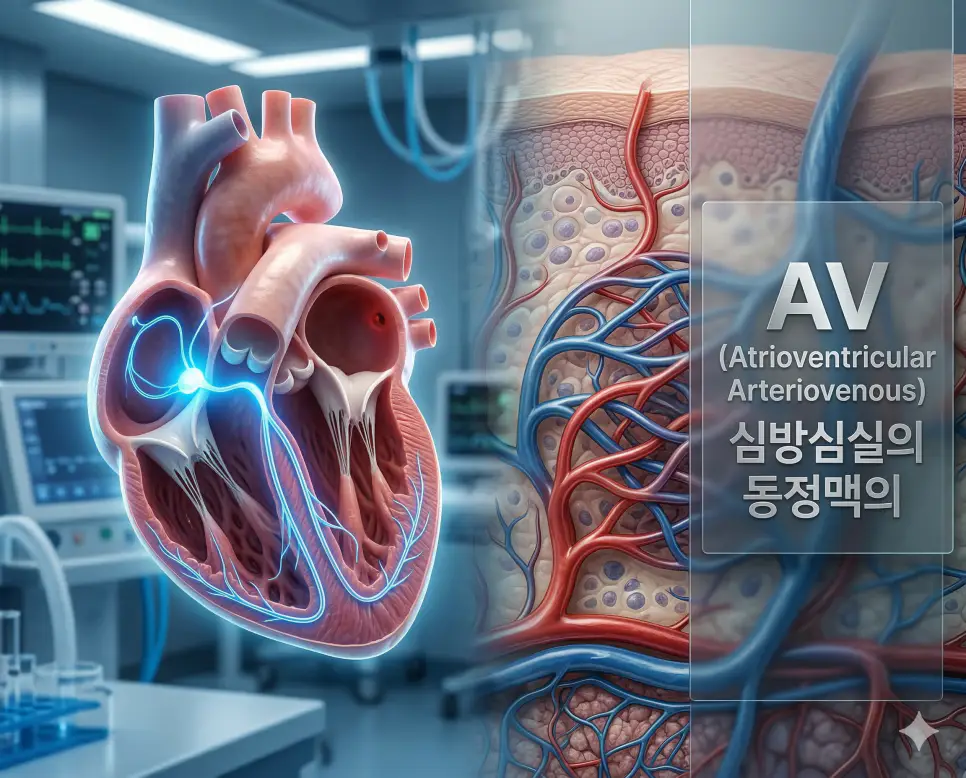 의학용어 AST, AV, AVM 2 의학용어 AV가 의미하는 심장의 심방심실 구조와 혈관의 동정맥 체계를 보여주는 해부학 이미지