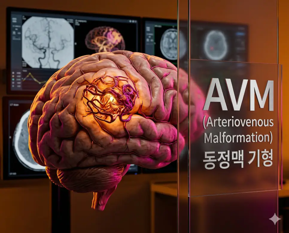 의학용어 AST, AV, AVM 3 의학용어 AVM(동정맥 기형)의 특징인 뇌혈관의 비정상적인 엉킴을 보여주는 정밀 의료 이미지