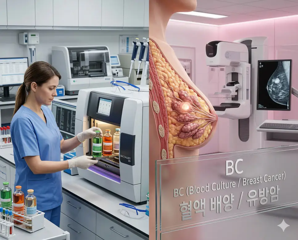 의학용어 BBB, BC, BCG 2 의학용어 BC가 의미하는 미생물 진단을 위한 혈액 배양과 유방암의 임상적 징후를 보여주는 의료 이미지