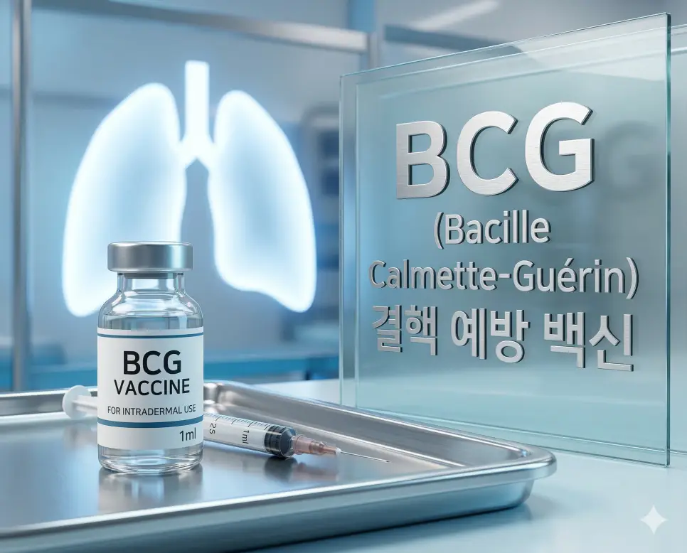 의학용어 BBB, BC, BCG 3 의학용어 BCG(결핵 예방 백신)의 주사 기구와 폐 보호를 상징하는 전문적인 의료 시각화 이미지