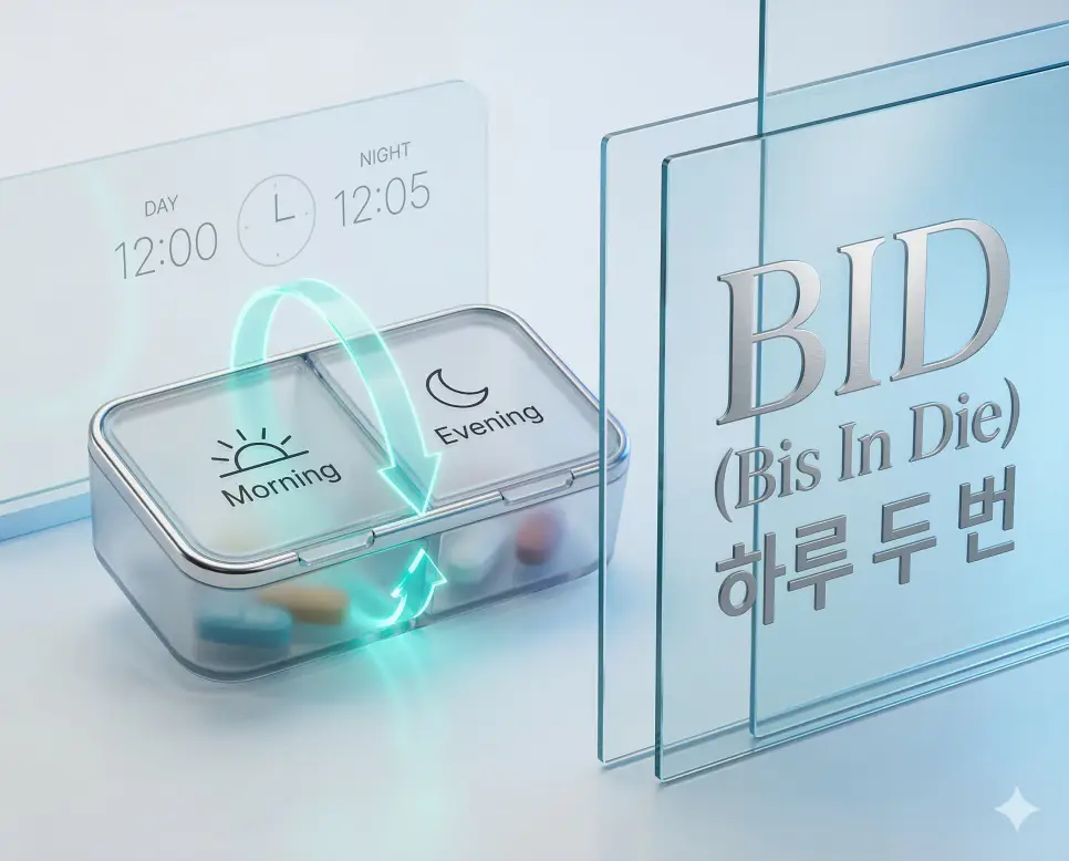 의학용어 BCP, BE, BID 3 의학용어 BID(하루 두 번)의 복약 지도를 위해 아침저녁으로 나누어진 약 상자와 시간을 시각화한 이미지