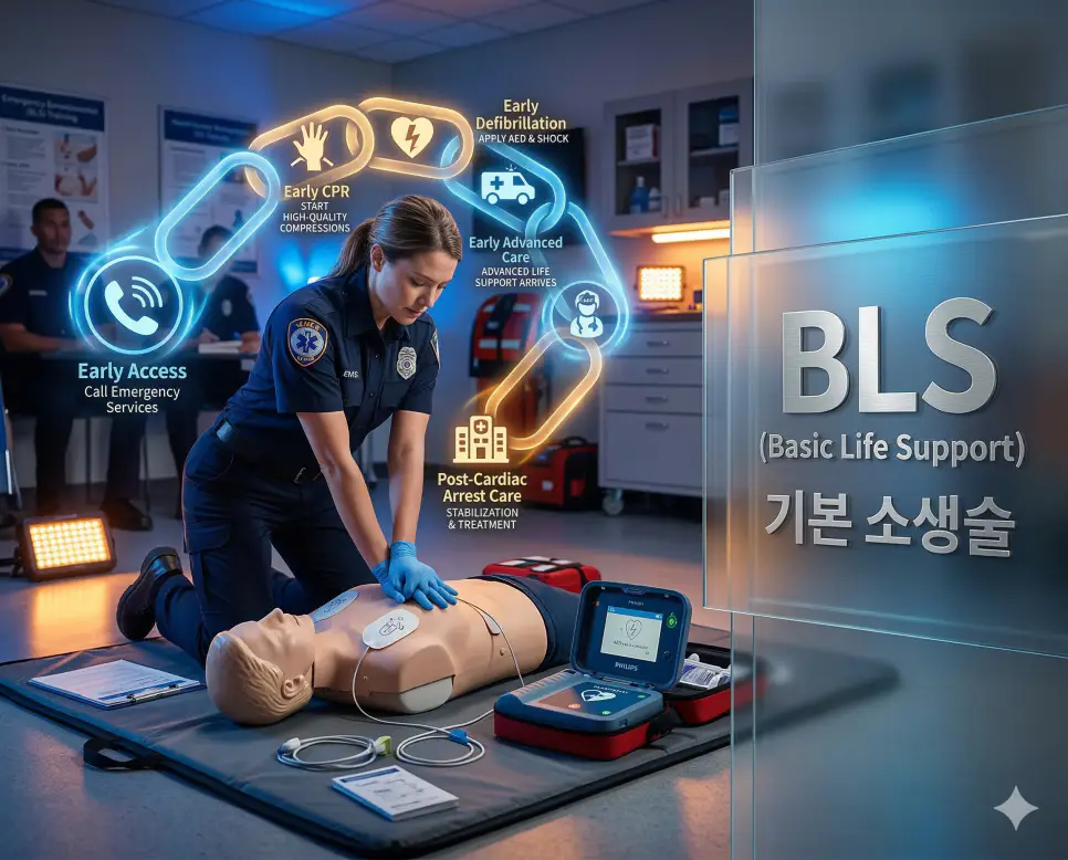 의학용어 BKA, BLS, BM 2 의학용어 BLS(기본 소생술)의 핵심인 심폐소생술과 응급 처치 과정을 보여주는 전문 교육 이미지