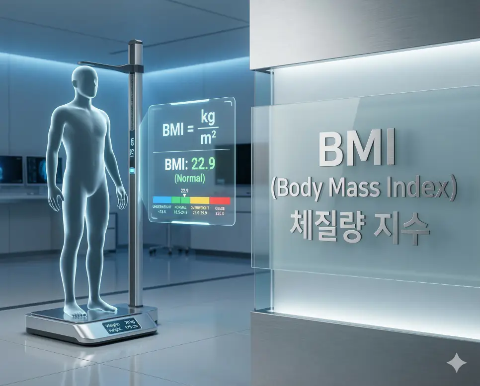 의학용어 BMD, BMI, BMR 2 의학용어 BMI(체질량 지수)를 산출하기 위한 신장 및 체중 측정과 건강 지표 구간을 시각화한 이미지