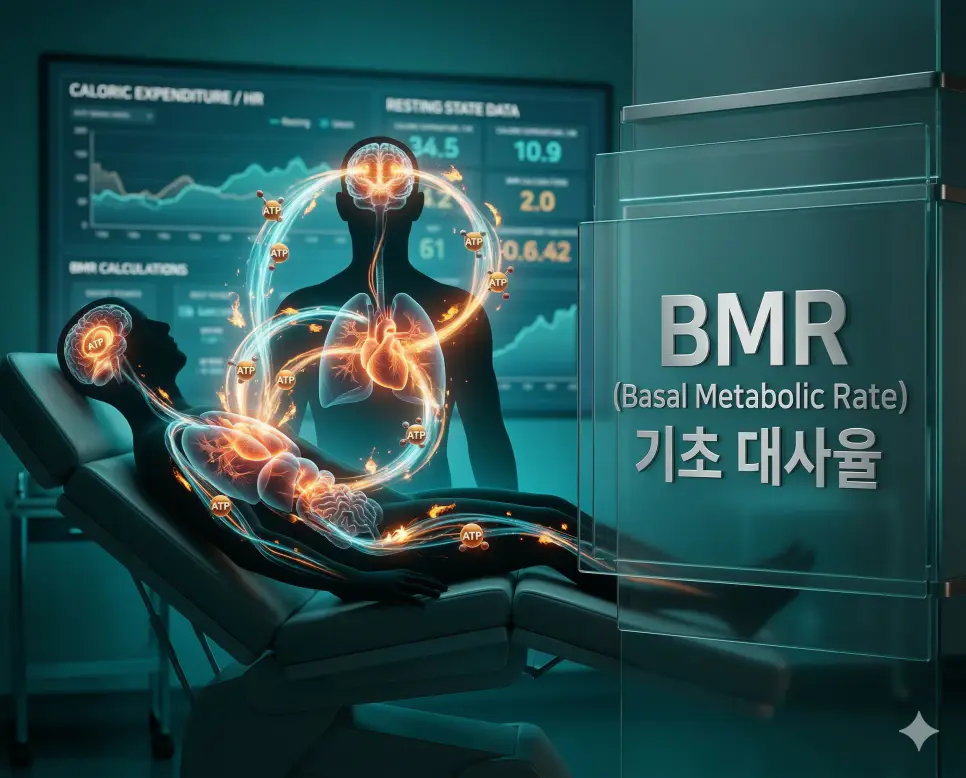 의학용어 BMD, BMI, BMR 3 의학용어 BMR(기초 대사율)이 상징하는 생명 유지를 위한 휴식기 에너지 소모 과정을 보여주는 시각화 이미지