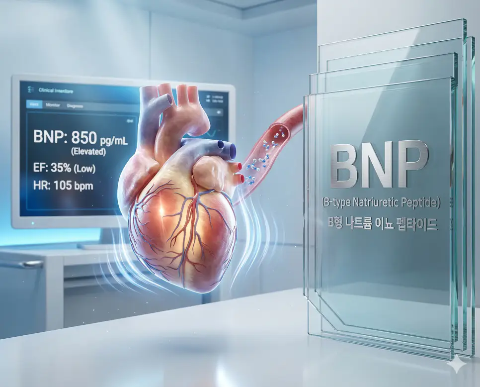 의학용어 BMP, BNP, BP 2 의학용어 BNP(B형 나트륨 이뇨 펩타이드) 수치를 통해 심부전 여부를 진단하는 심장 의료 이미지