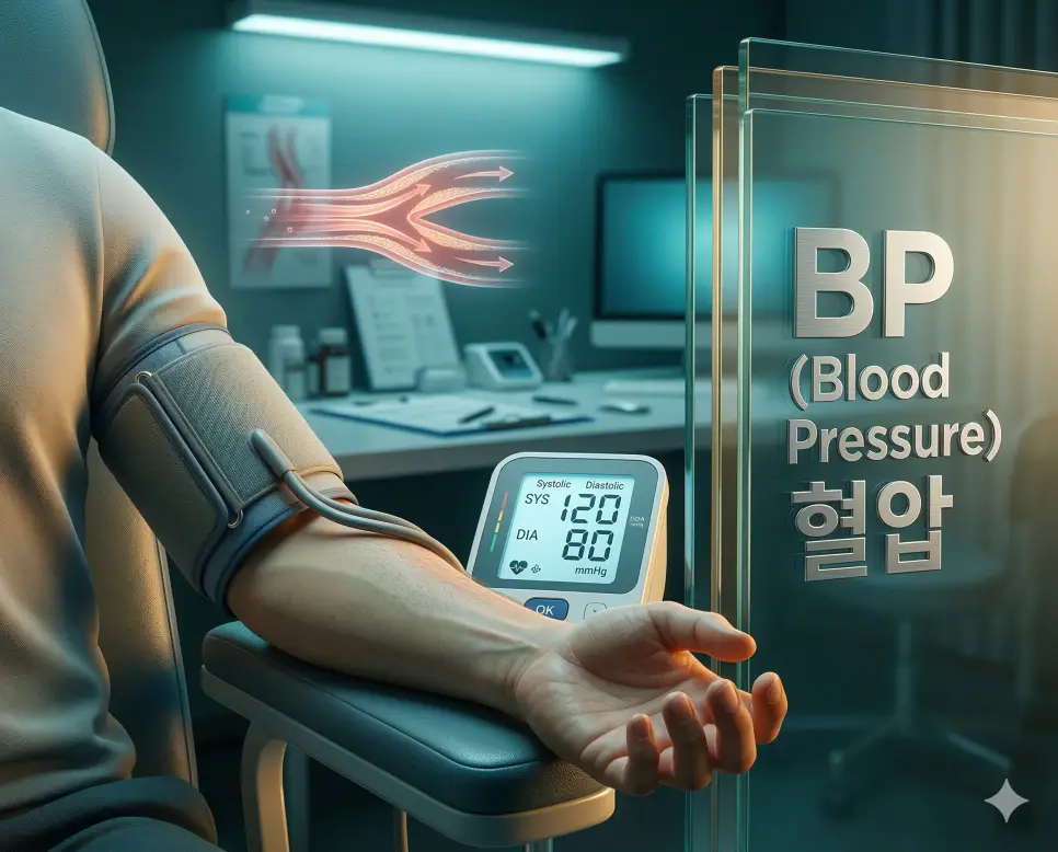 의학용어 BMP, BNP, BP 3 의학용어 BP(혈압) 측정을 위해 디지털 혈압계를 사용하여 수축기와 이완기 혈압을 확인하는 임상 이미지