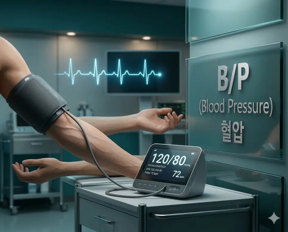 의학용어 B/P, BPH, BRCA 완벽 가이드 1 의학용어 B/P(혈압) 측정을 위해 팔에 감은 가압 커프와 수치가 표시된 디지털 혈압계의 시각화 이미지