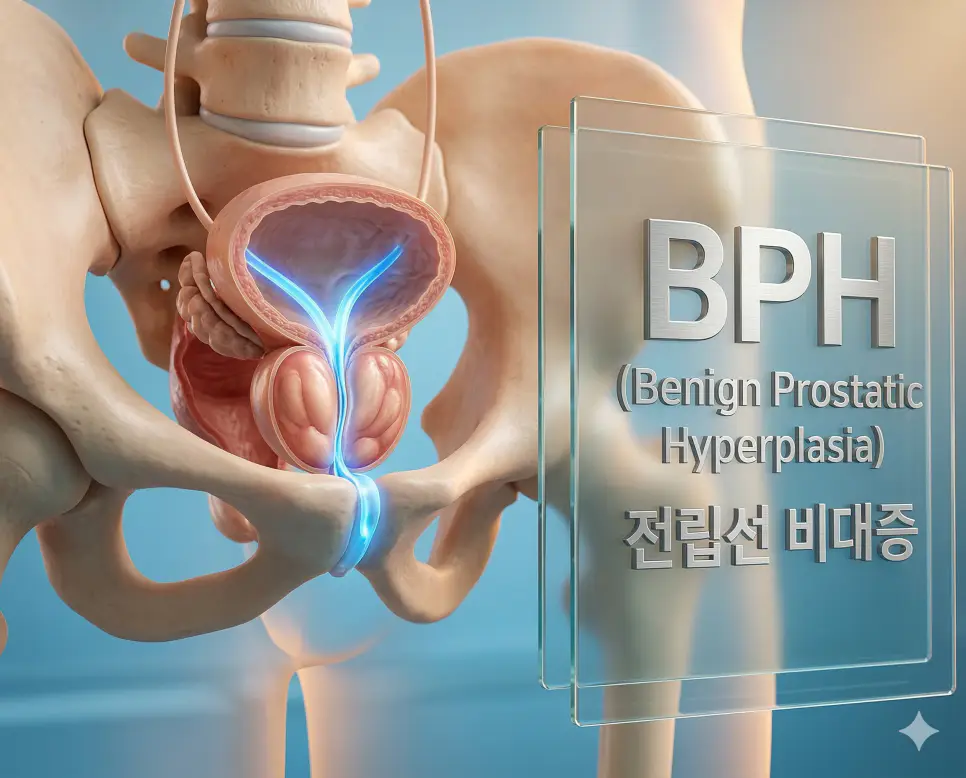 의학용어 B/P, BPH, BRCA 완벽 가이드 2 의학용어 BPH(전립선 비대증)로 인해 비대해진 전립선과 방광의 해부학적 구조를 보여주는 의료 이미지