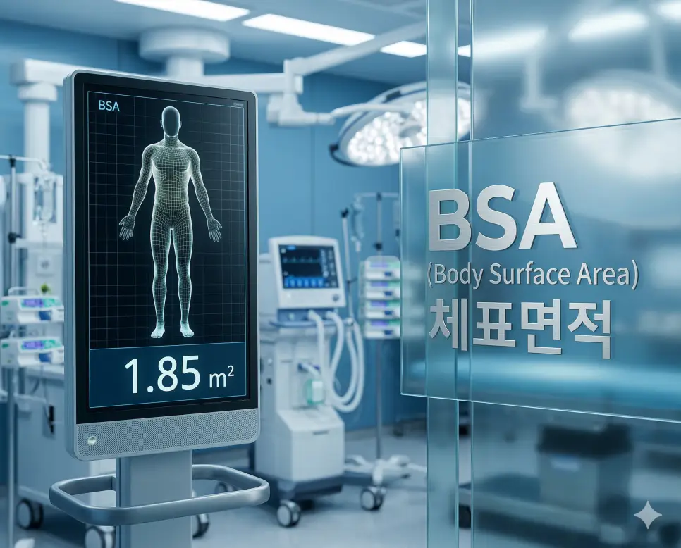 의학용어 BS, BSA, BSO 완벽 가이드 2 의학용어 BSA(체표면적)를 산출하기 위해 인체의 전신 실루엣과 그리드 패턴, 계산 수치를 표시한 임상 시각화 이미지