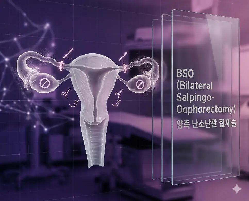 의학용어 BS, BSA, BSO 완벽 가이드 3 의학용어 BSO(양측 난소난관 절제술) 수술을 상징하는 양쪽 난소와 난관이 제거된 해부학적 구조를 보여주는 의료 이미지