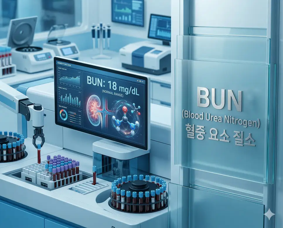 의학용어 BUN(혈중 요소 질소) 수치를 분석하기 위한 혈액 샘플과 신장 기능 데이터 모니터를 보여주는 임상 시각화 이미지