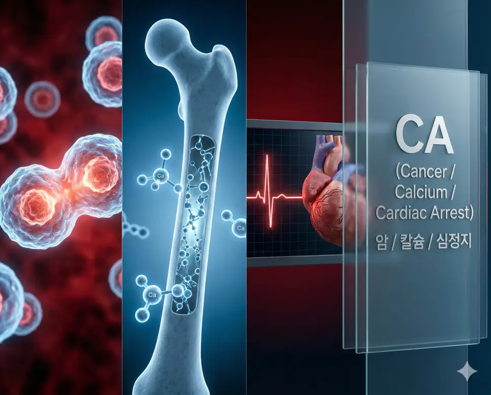 의학용어 C1-C7, CA, CAB 완벽 가이드 2 의학용어 CA가 의미하는 암세포, 칼슘 미네랄, 그리고 심정지 상태의 심전도를 복합적으로 시각화한 의료 이미지