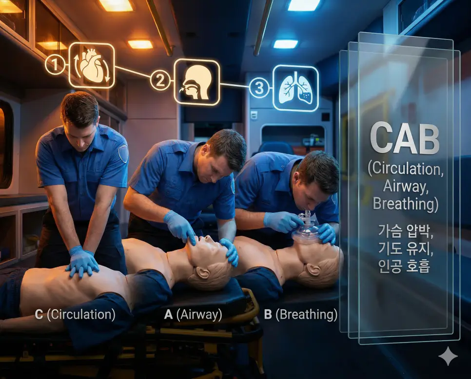 의학용어 C1-C7, CA, CAB 완벽 가이드 3 의학용어 CAB(가슴 압박, 기도 유지, 인공 호흡)의 응급 처치 순서를 단계별로 보여주는 전문 의료 시각화 이미지