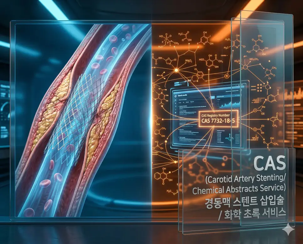 의학용어 CAS가 의미하는 경동맥 스텐트 시각화와 화학 정보 검색 서비스인 CAS 등록 번호를 복합적으로 보여주는 이미지