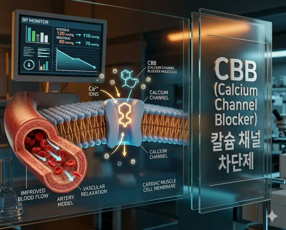 의학용어 CBB(칼슘 채널 차단제)가 칼슘 채널을 차단하여 혈관을 확장시키고 혈압을 낮추는 기전을 보여주는 시각화 이미지