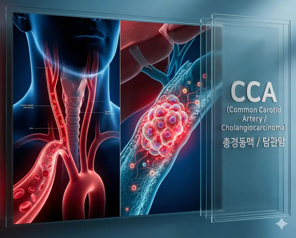 의학용어 CBC, CCA, CCC 완벽 가이드 2 의학용어 CCA가 의미하는 목의 총경동맥 해부학 구조와 담관에서 발생하는 암인 담관암의 미세 구조를 복합적으로 보여주는 의료 이미지