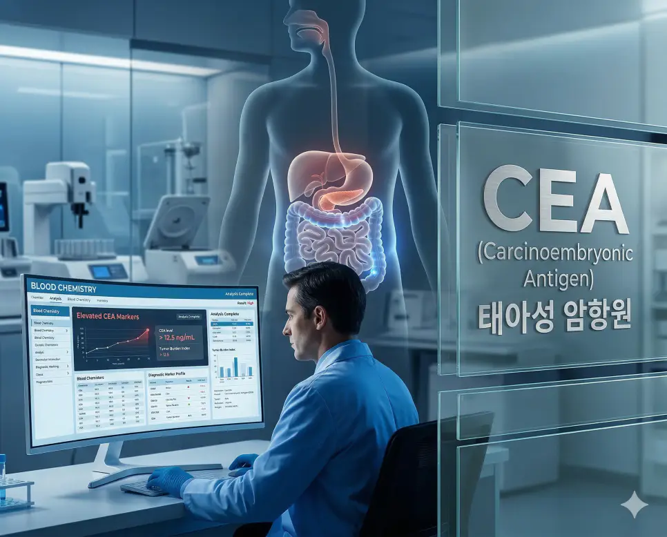 의학용어 CEA(태아성 암항원) 수치를 분석하여 암 진단 및 예후를 확인하는 전문 의료 혈액 검사 시각화 이미지