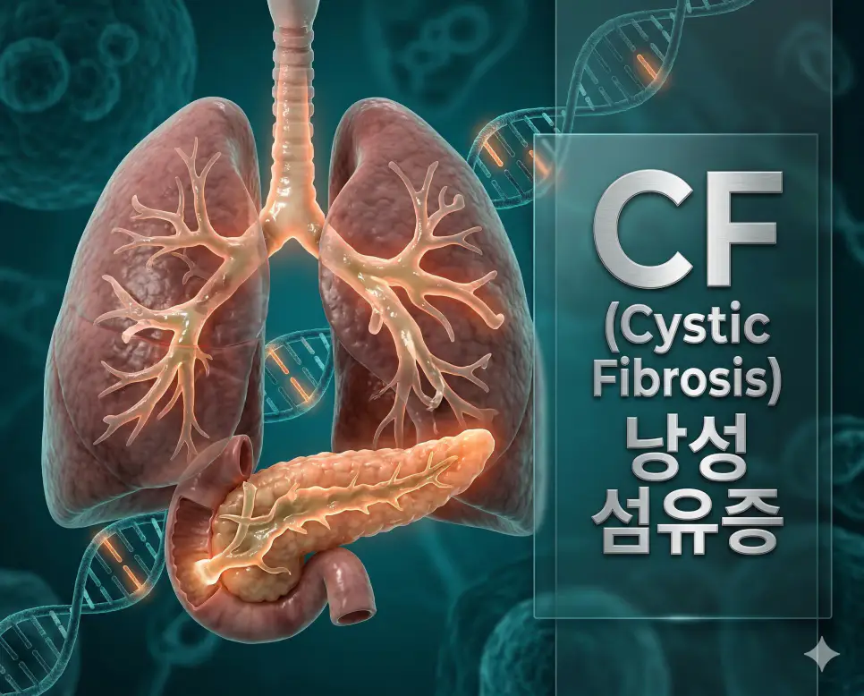 의학용어 CF(낭성 섬유증)의 특징인 폐와 췌장 내의 끈적한 점액 축적과 유전적 요인을 보여주는 해부학 이미지