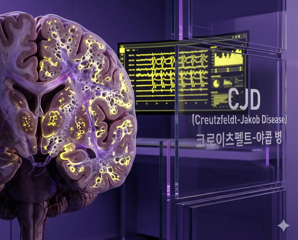 의학용어 CJD(크로이츠펠트-야콥 병)의 특징인 뇌 조직의 급격한 변성과 스펀지 모양의 병변을 시각화한 정밀 의료 이미지