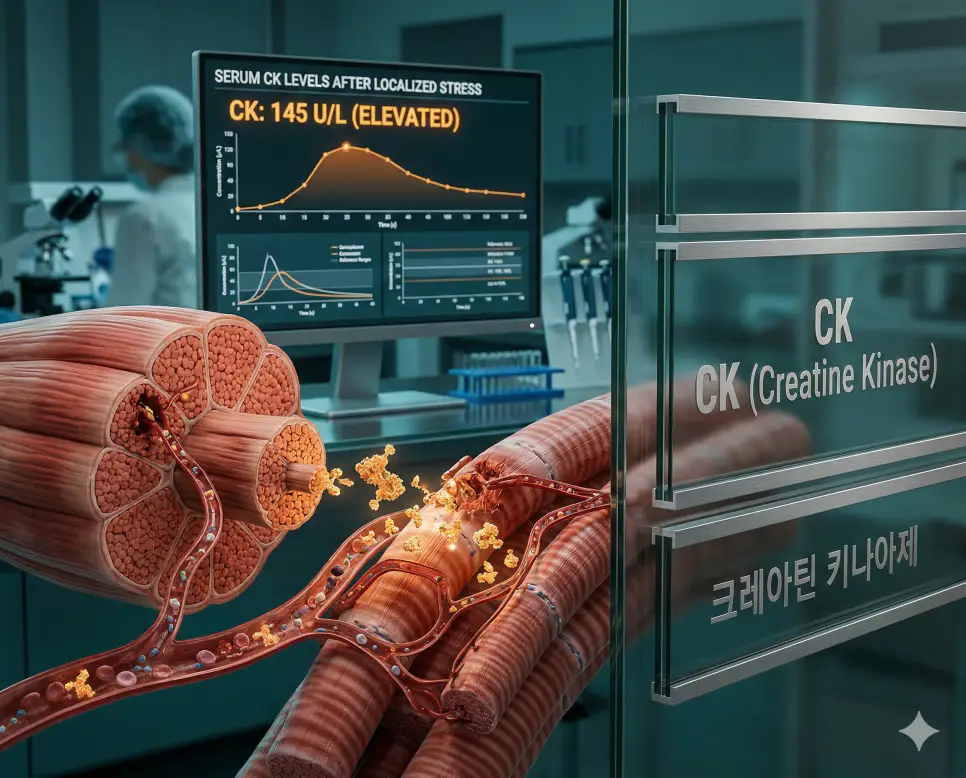 의학용어 CK(크레아틴 키나아제)가 근육 손상 시 혈액으로 방출되는 기전과 이를 분석하는 검사 장비를 시각화한 의료 이미지