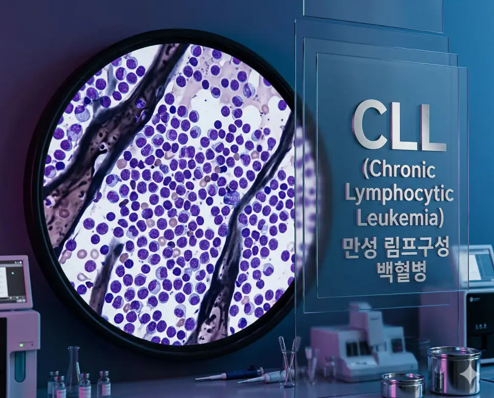 의학용어 CLL(만성 림프구성 백혈병)로 인해 골수와 혈액 내에 이상 림프구가 과도하게 증식한 상태를 보여주는 현미경 시각화 이미지