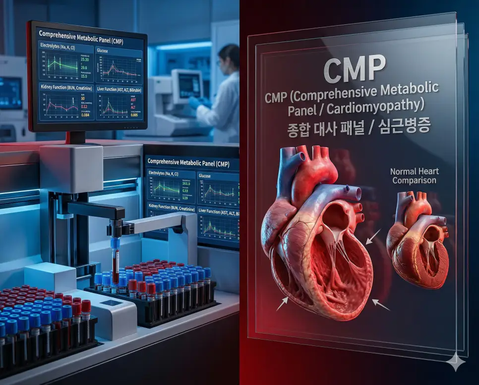의학용어 CMP가 의미하는 종합 대사 패널 검사의 다양한 수치 데이터와 심장 근육이 변형된 심근병증의 해부학적 구조를 복합적으로 보여주는 이미지