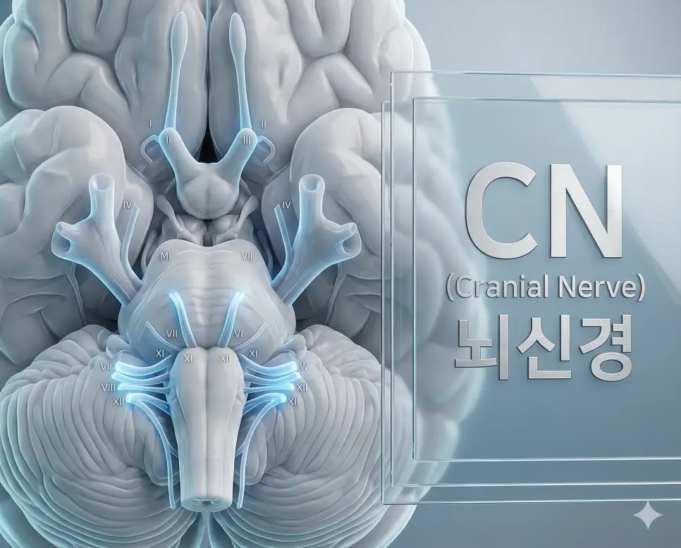 의학용어 CMV, CN, CNP 완벽 가이드 2 의학용어 CN(뇌신경)의 12쌍이 뇌간에서 기시하는 위치와 해부학적 경로를 입체적으로 보여주는 의료 이미지
