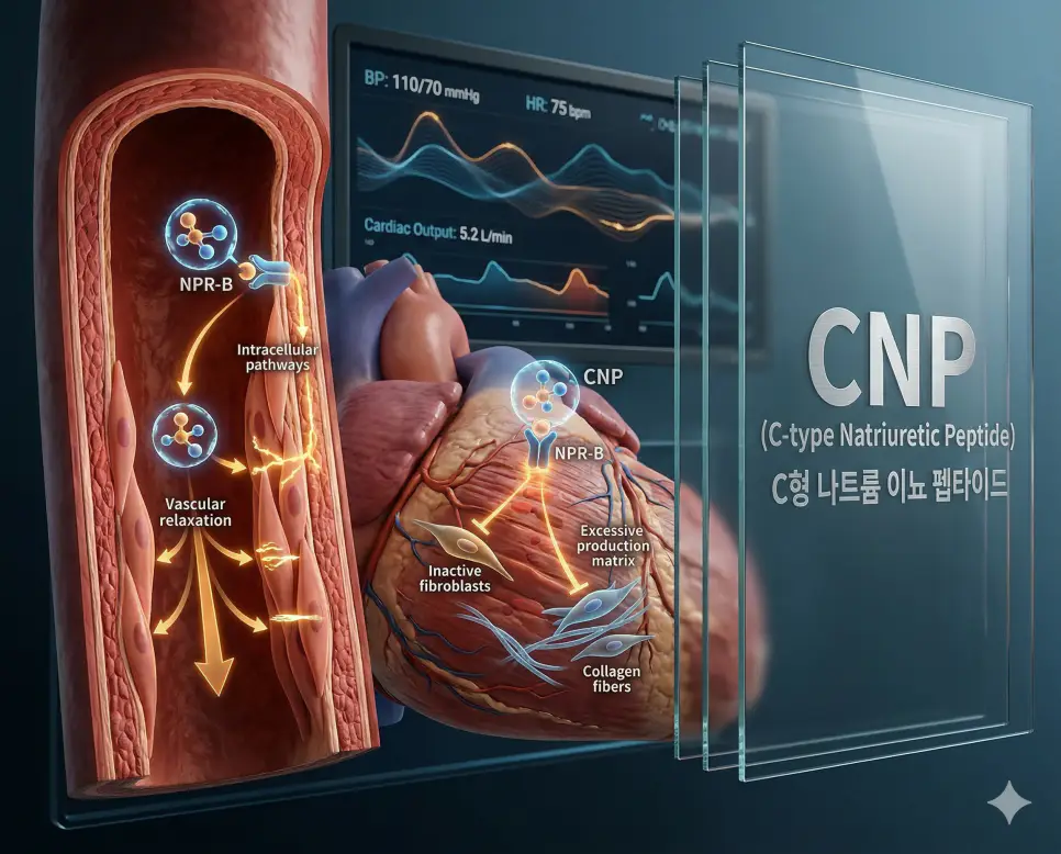 의학용어 CMV, CN, CNP 완벽 가이드 3 의학용어 CNP(C형 나트륨 이뇨 펩타이드)가 혈관벽에 작용하여 혈관을 확장시키고 생리학적 효과를 나타내는 기전을 시각화한 이미지