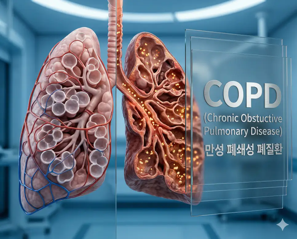 의학용어 CNS, COPD, CP 완벽 가이드 2 의학용어 COPD(만성 폐쇄성 폐질환)로 인해 손상된 폐포와 좁아진 기도를 정상 상태와 비교하여 보여주는 병리학적 이미지