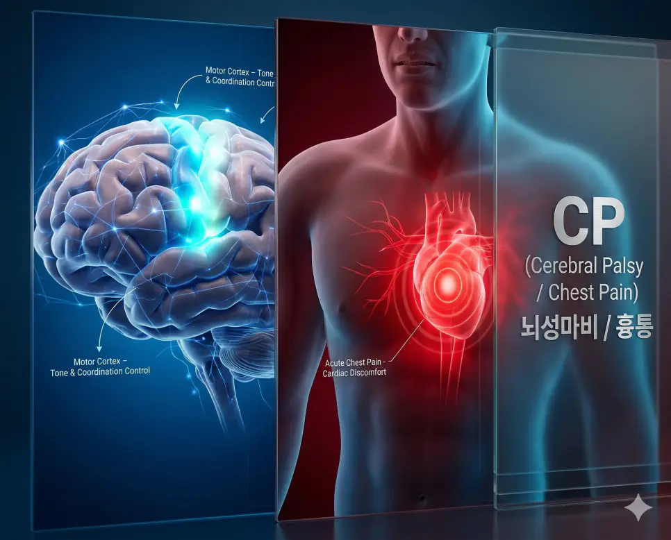 의학용어 CNS, COPD, CP 완벽 가이드 3 의학용어 CP가 의미하는 뇌성마비 관련 뇌 운동 영역의 이상과 급성 흉통의 통증 부위를 복합적으로 시각화한 의료 이미지