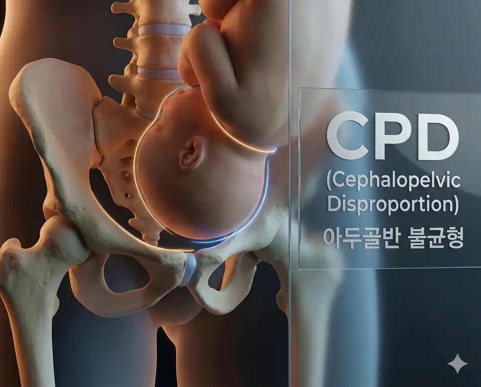 의학용어 CPD(아두골반 불균형)의 핵심인 태아의 머리와 산모 골반 크기 사이의 부조화를 보여주는 산부인과 해부학 이미지