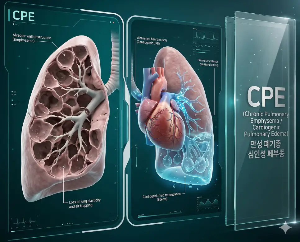 의학용어 CPE가 의미하는 만성 폐기종으로 인한 폐포 손상과 심장 기능 저하로 인한 심인성 폐부종의 병태생리를 시각화한 이미지