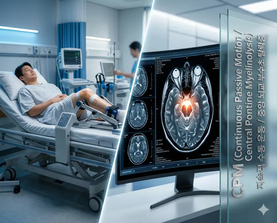 의학용어 CPK, CPM, CPR 완벽 가이드 2 의학용어 CPM이 의미하는 수술 후 관절 회복을 돕는 수동 운동 기구와 뇌교의 신경 손상을 보여주는 뇌 MRI 영상을 복합적으로 표현한 이미지