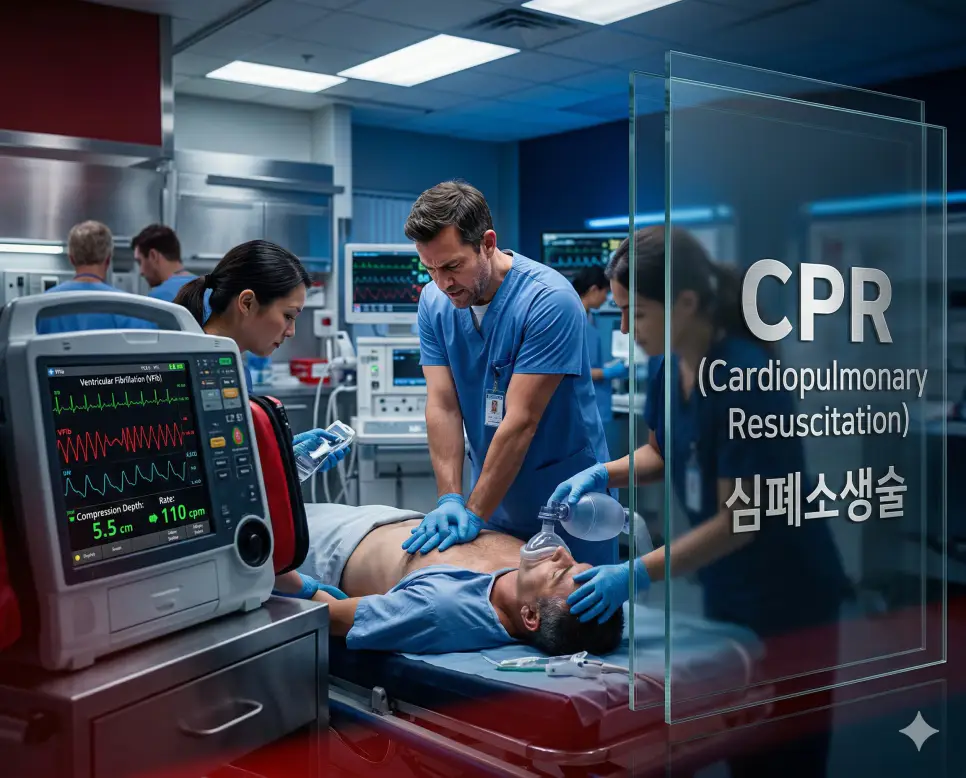 의학용어 CPK, CPM, CPR 완벽 가이드 3 의학용어 CPR(심폐소생술)을 통해 심정지 환자의 심장과 폐 기능을 회복시키려는 응급 의료진의 긴박한 처치 장면을 시각화한 이미지